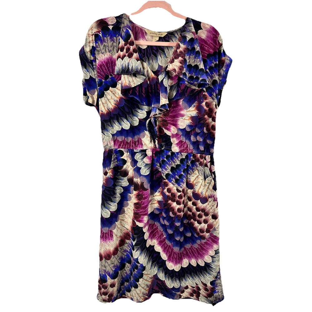 Presley Skye 100% Silk Feather‎ Print Dress XL Ruffle V-Neck Boho Luxe Pockets